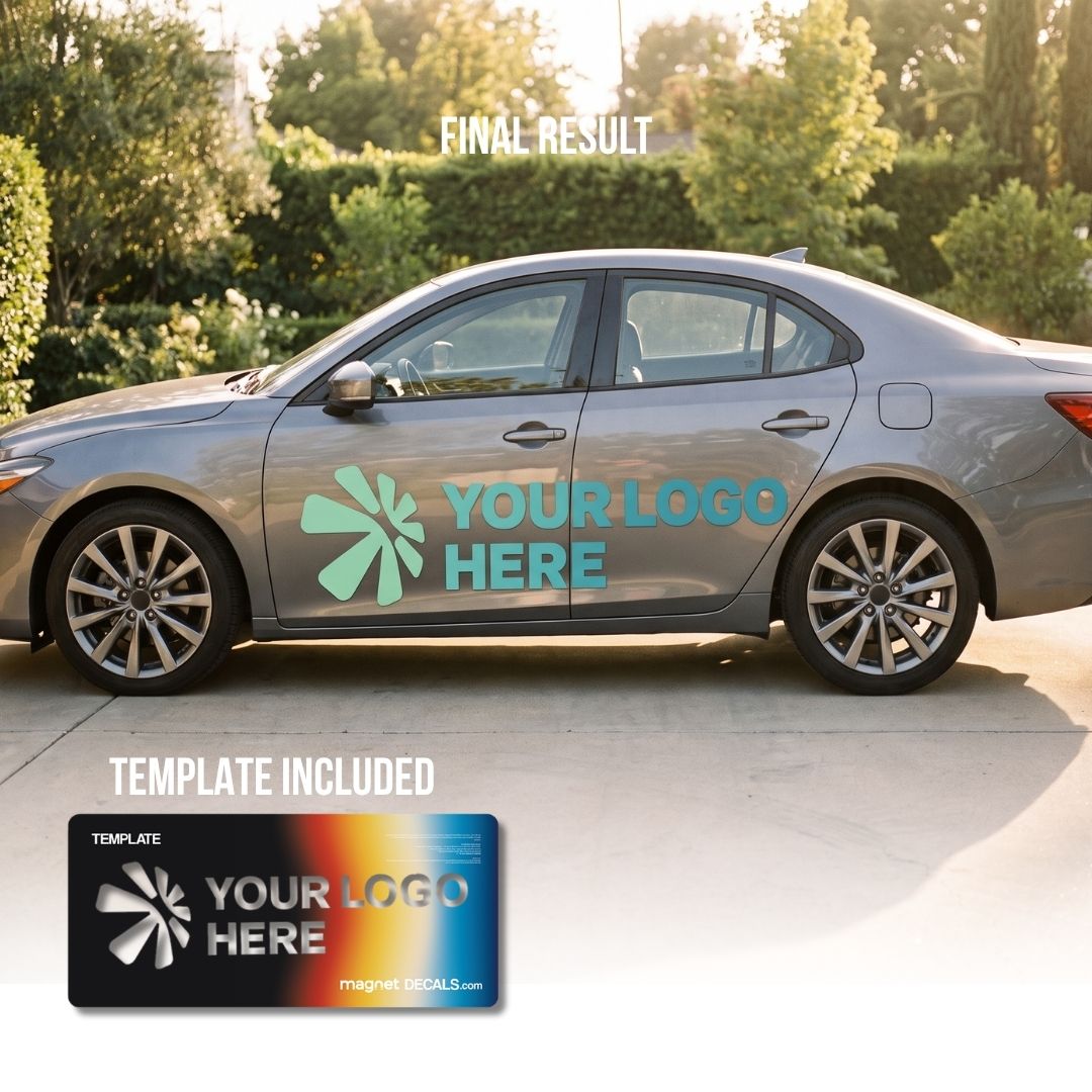 A gray sedan parked outdoors on a driveway with a custom car decal template shown on the side door. The decal features a mint green flower-like logo and the placeholder text 'YOUR LOGO HERE'.