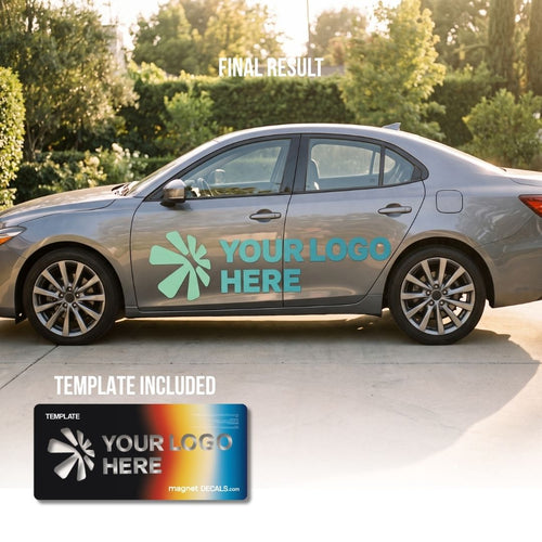 A gray sedan parked outdoors on a driveway with a custom car decal template shown on the side door. The decal features a mint green flower-like logo and the placeholder text 'YOUR LOGO HERE'.