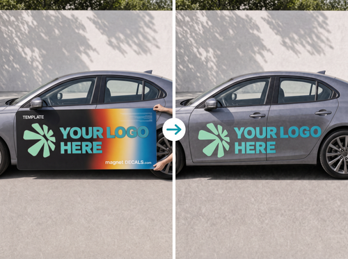 A side-by-side comparison showing a car with a custom magnetic decal template applied. The left panel shows a hand holding a black rectangular magnet with a colorful gradient and placeholder text 'YOUR LOGO HERE' against the car door.
