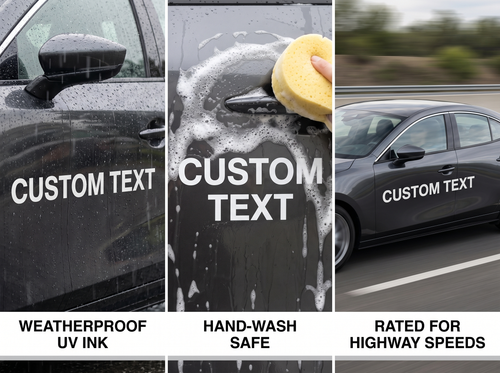 Three-panel comparison showing a black car door with white 'CUSTOM TEXT' lettering in different conditions: dry and clear, being washed with foam, and driving on a highway. Text at the bottom reads 'WEATHERPROOF UV INK', 'HAND-WASH SAFE', and 'RATED FOR HIGHWAY SPEEDS'.